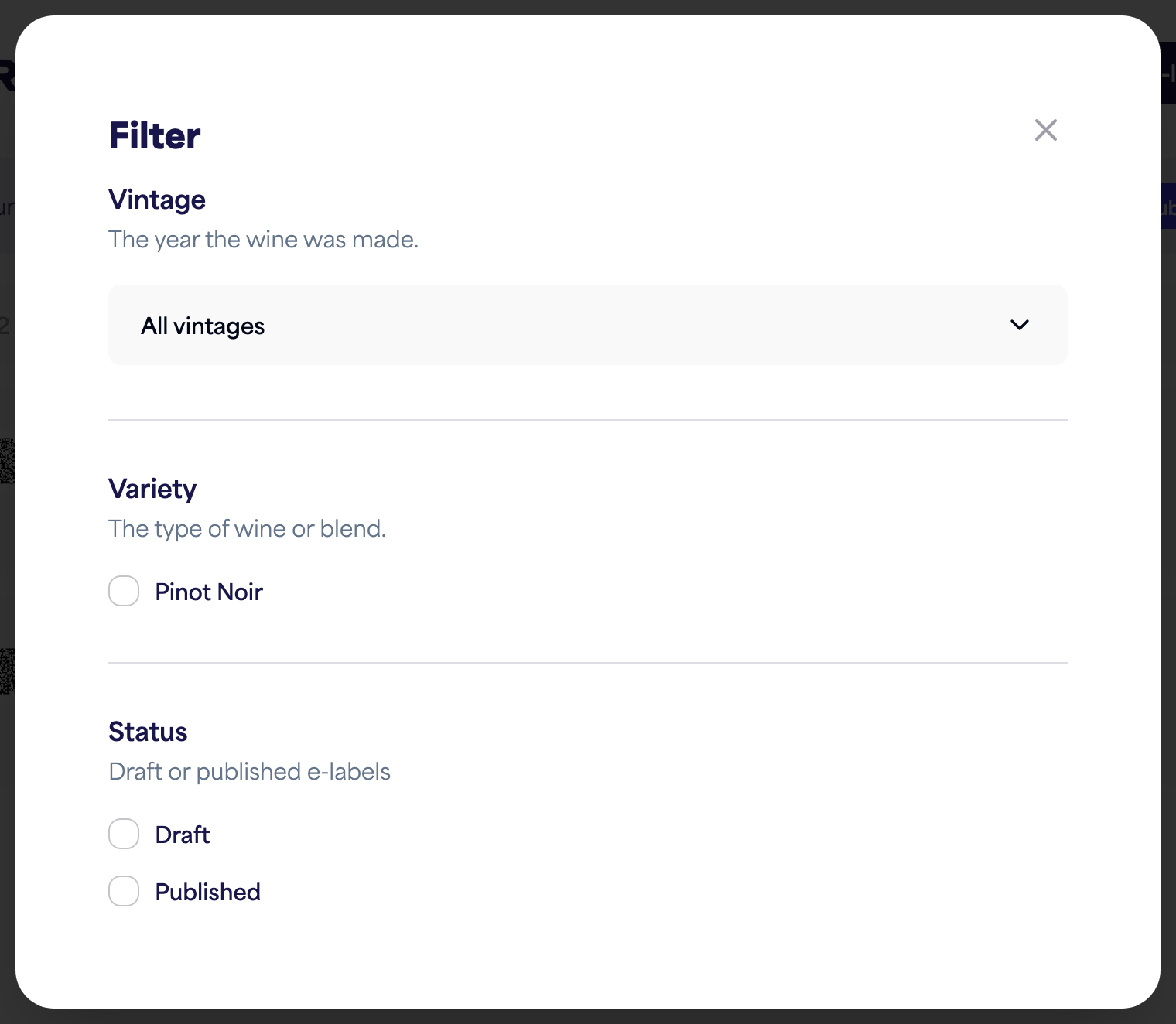 The Filter panel with vintage, variety, and status options