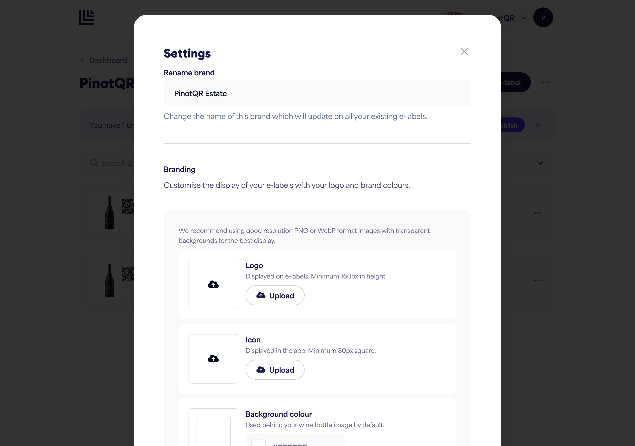The brand Settings panel showing the "Rename brand" field