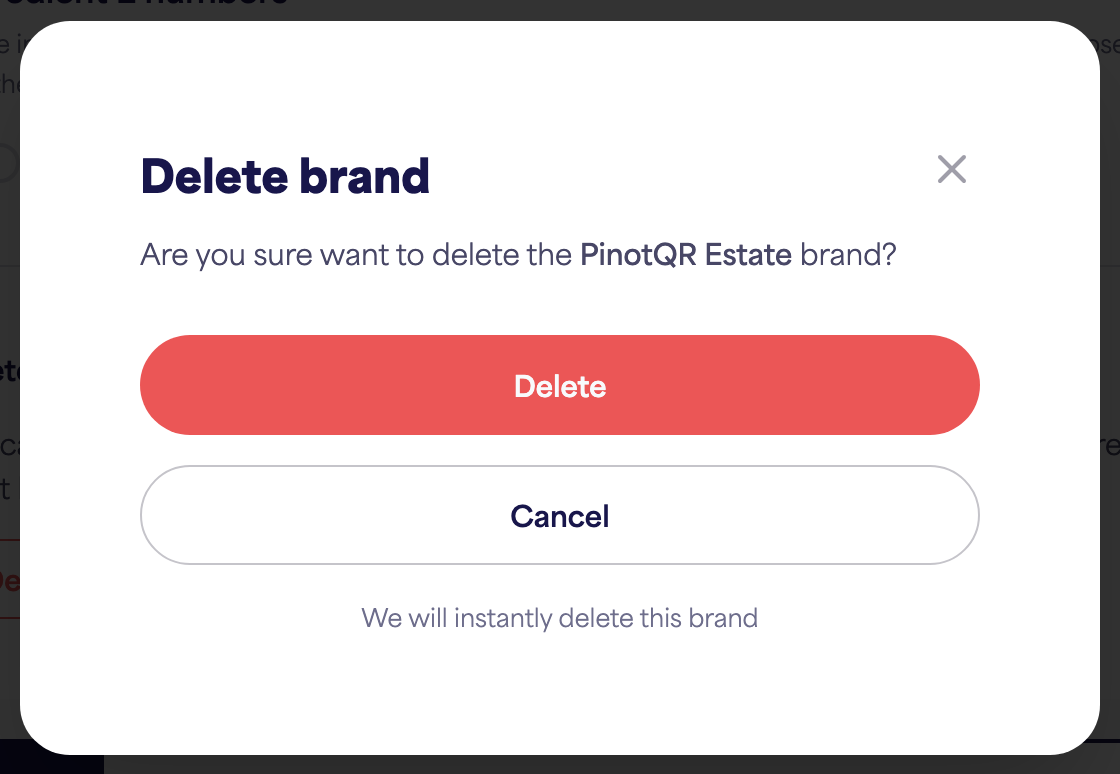 The "Delete brand" confirmation dialog warning about existing e-labels