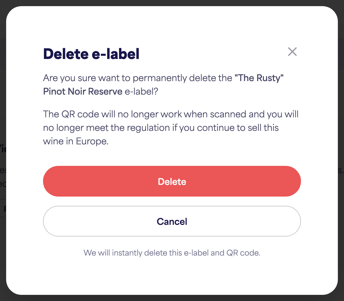 The "Delete e-label" confirmation dialog