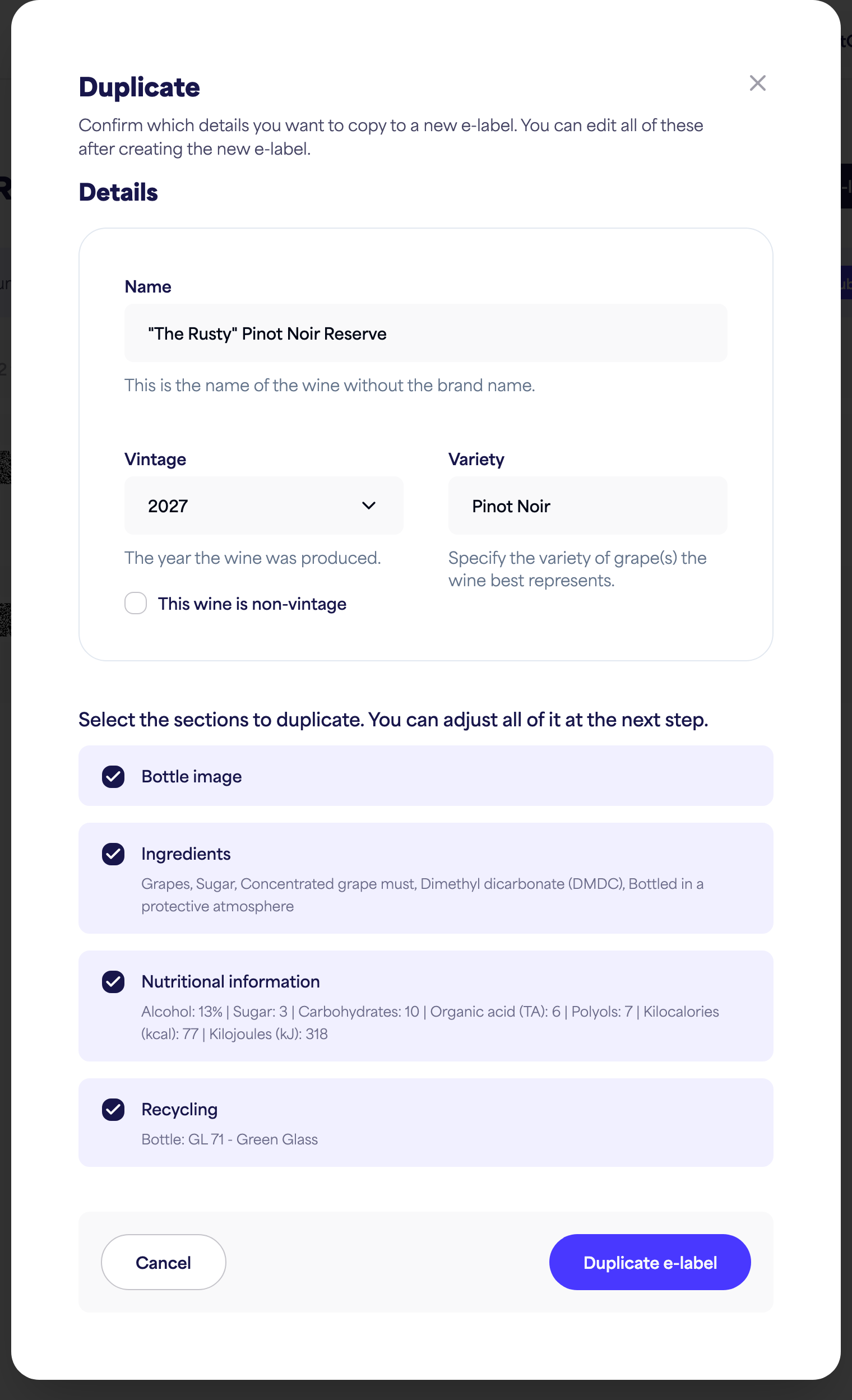The Duplicate dialog with the section checkboxes