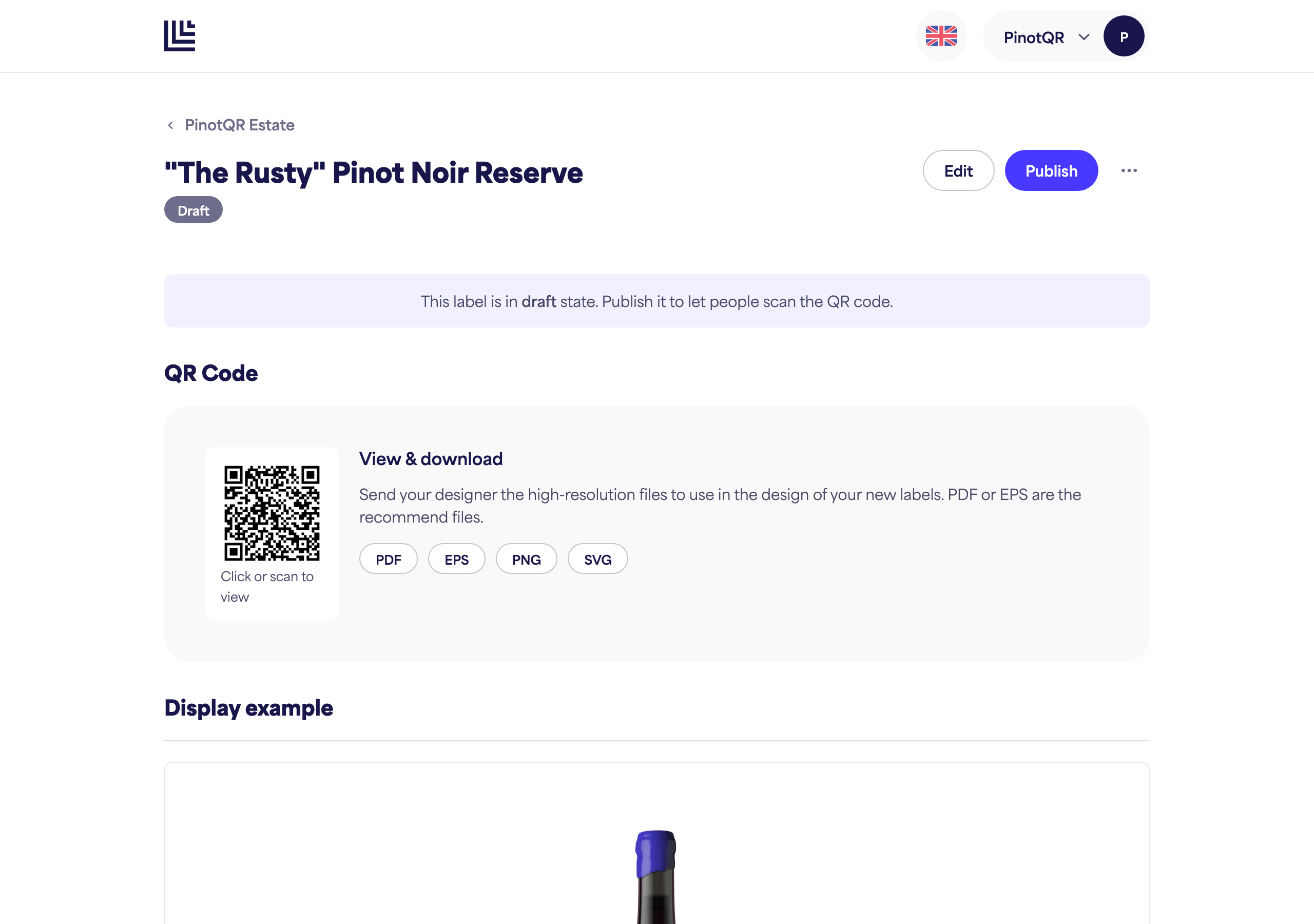 A draft e-label showing the draft notice and the "Publish" button
