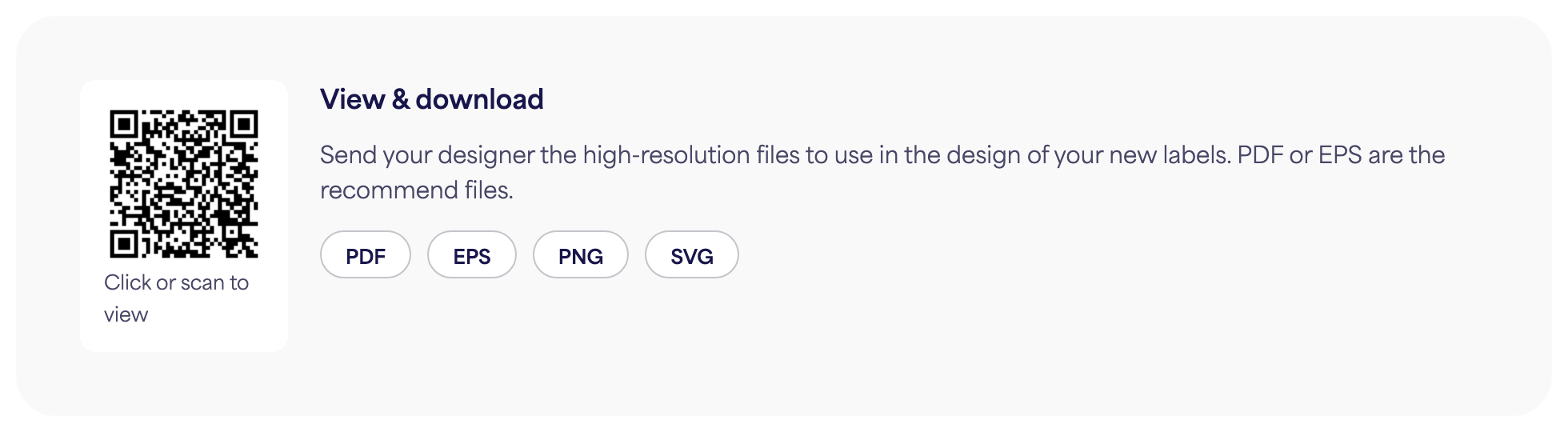 The QR Code section on an e-label page with the PDF, EPS, PNG, and SVG download buttons