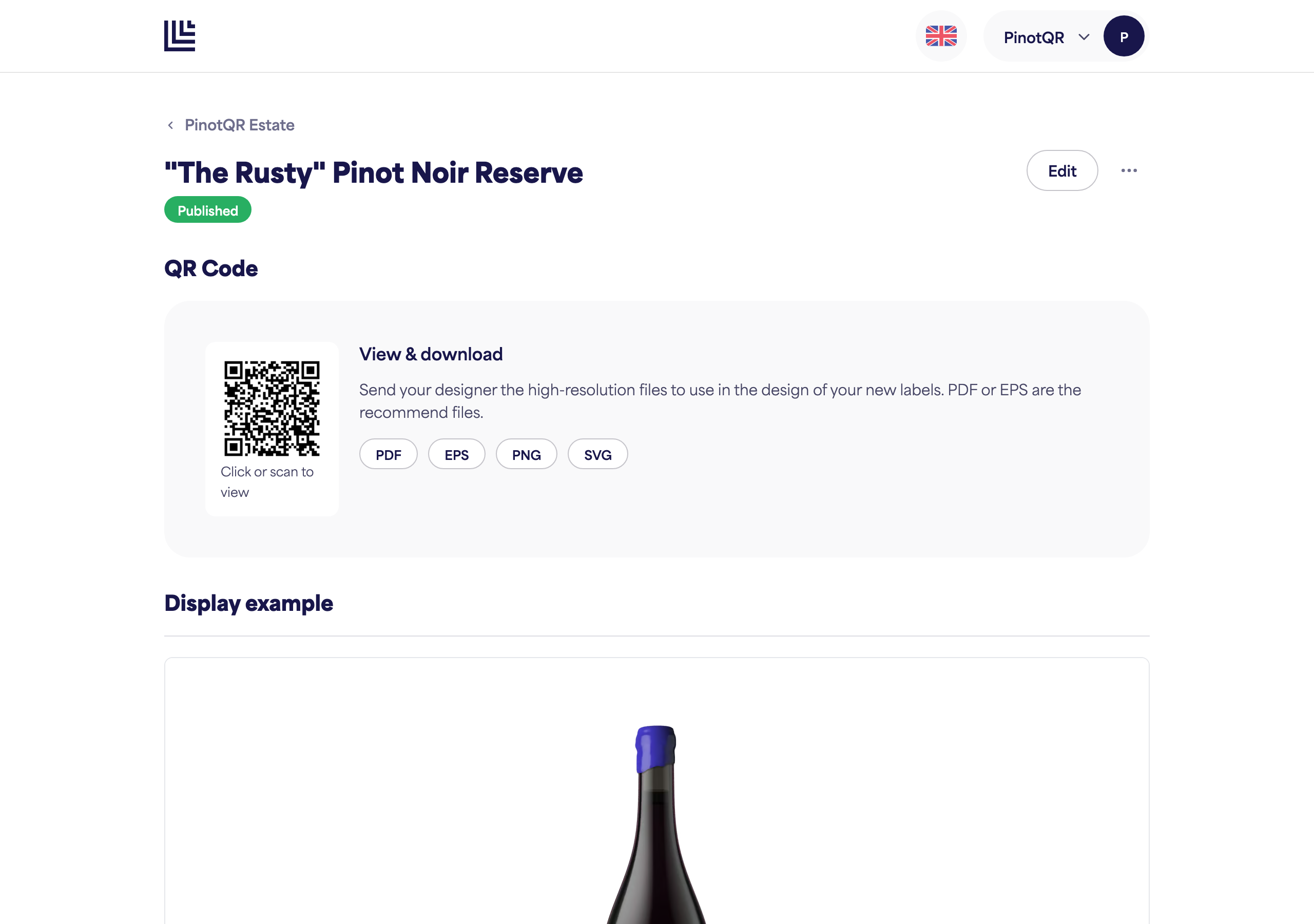 An e-label page with the "Unpublish" option
