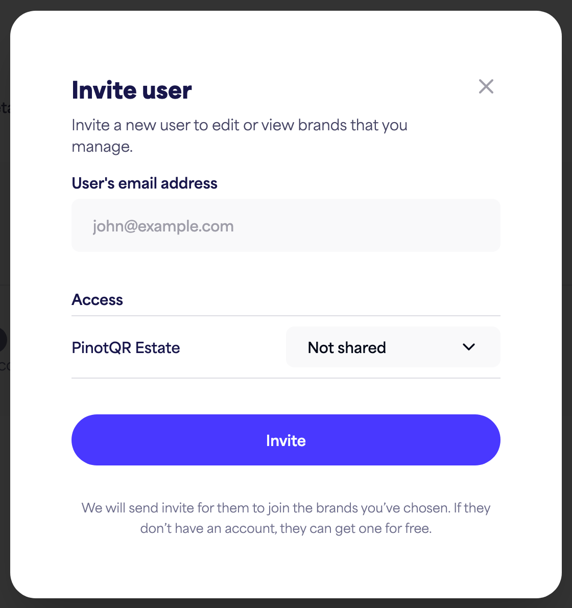 The "Invite user" dialog with the email field and per-brand access options