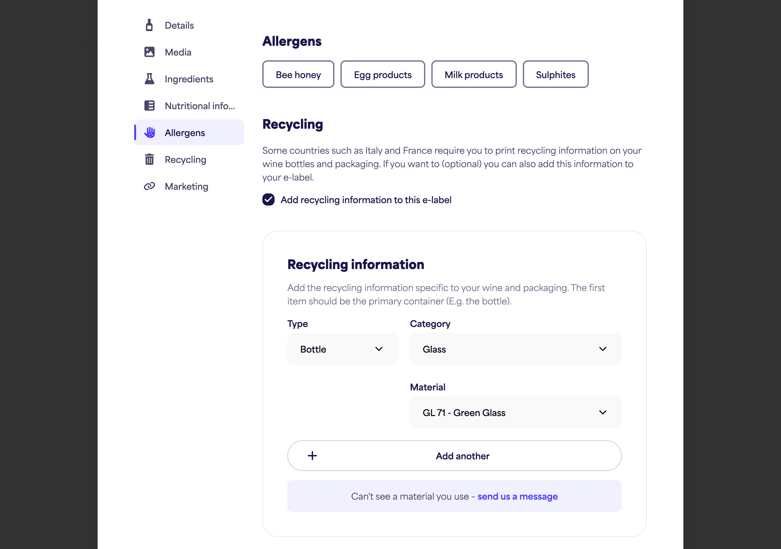 The Allergens section with allergen options