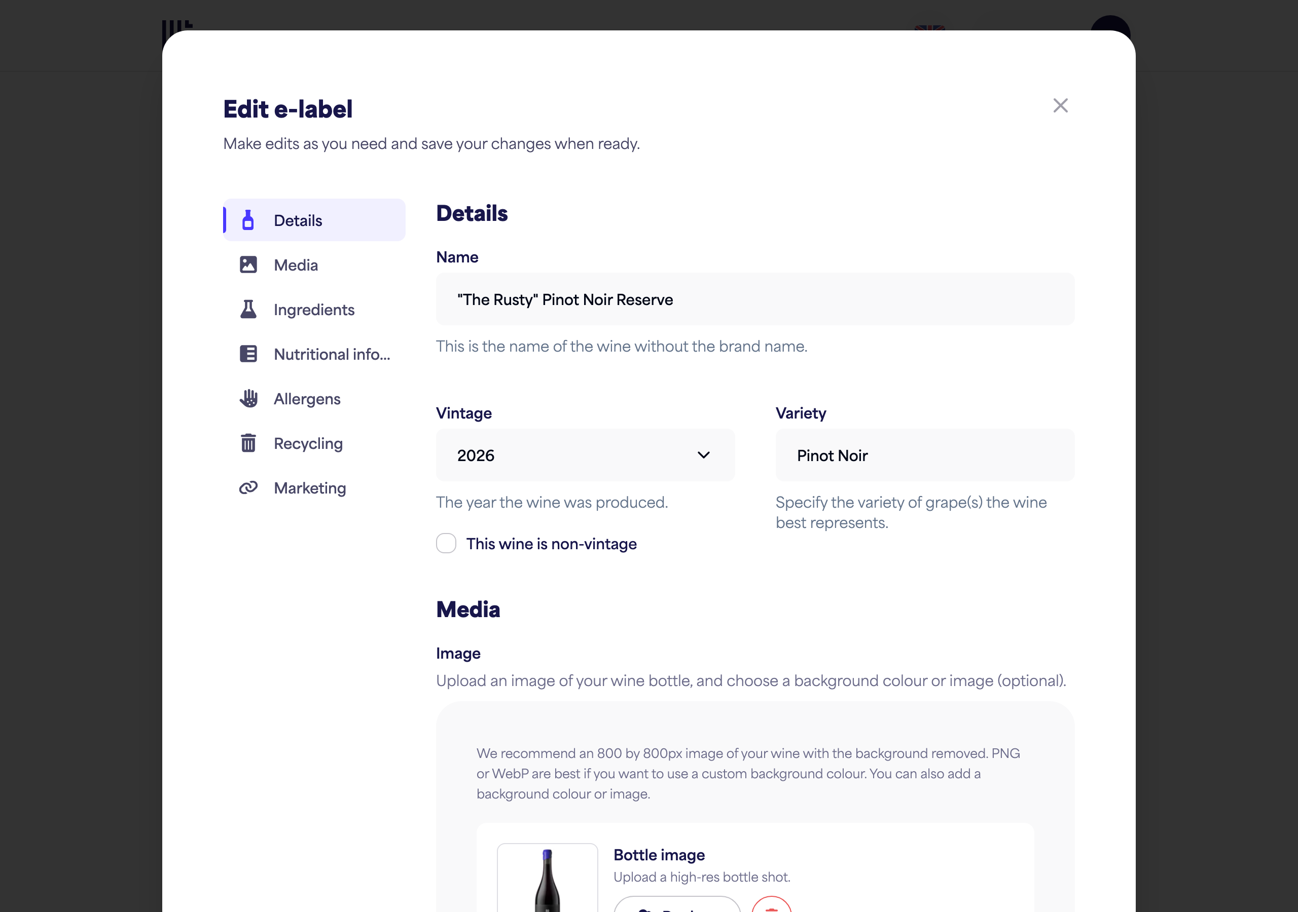 The Details section with the Name, Vintage, and Variety fields