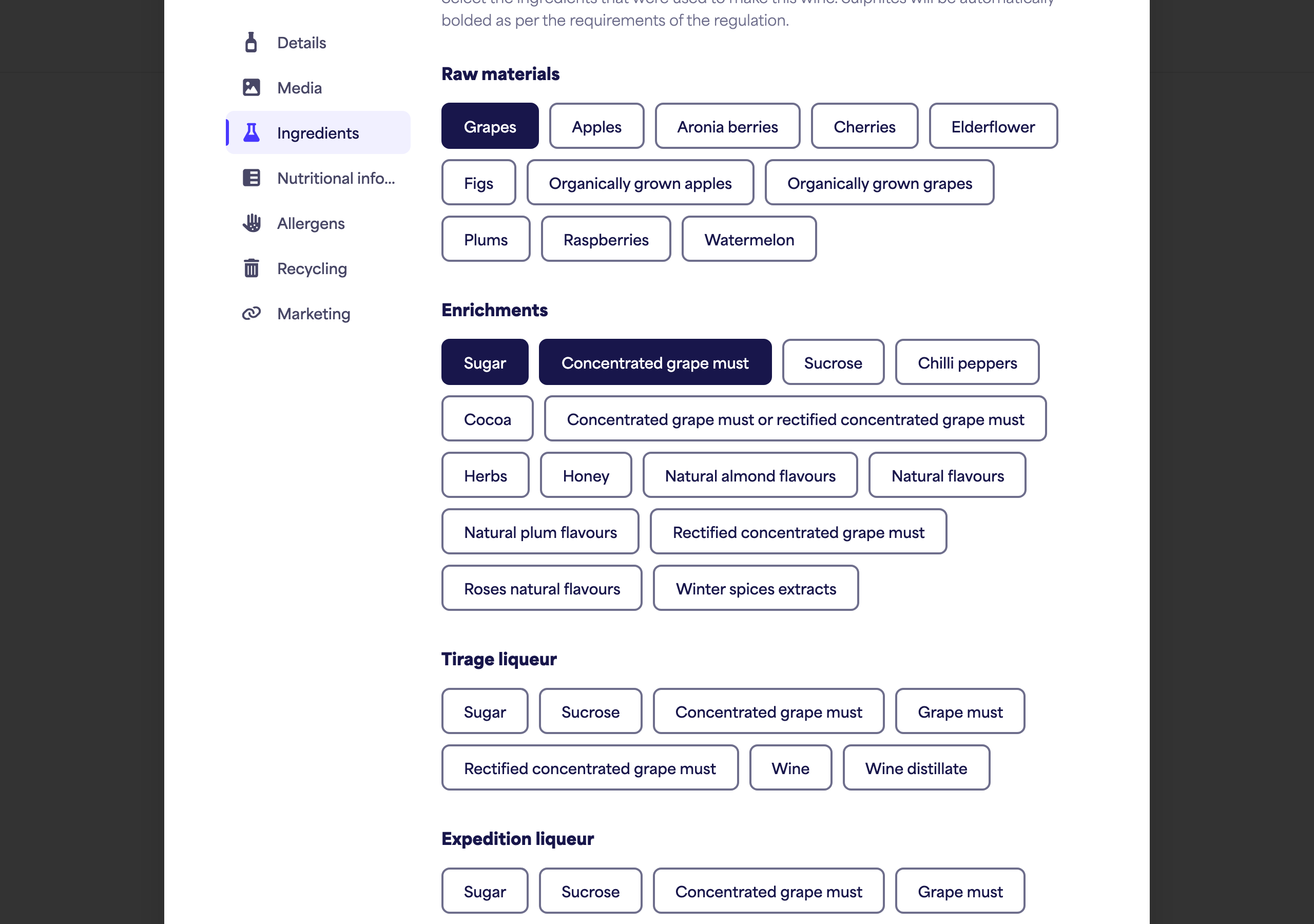 The Ingredients section with several categories and selected ingredients