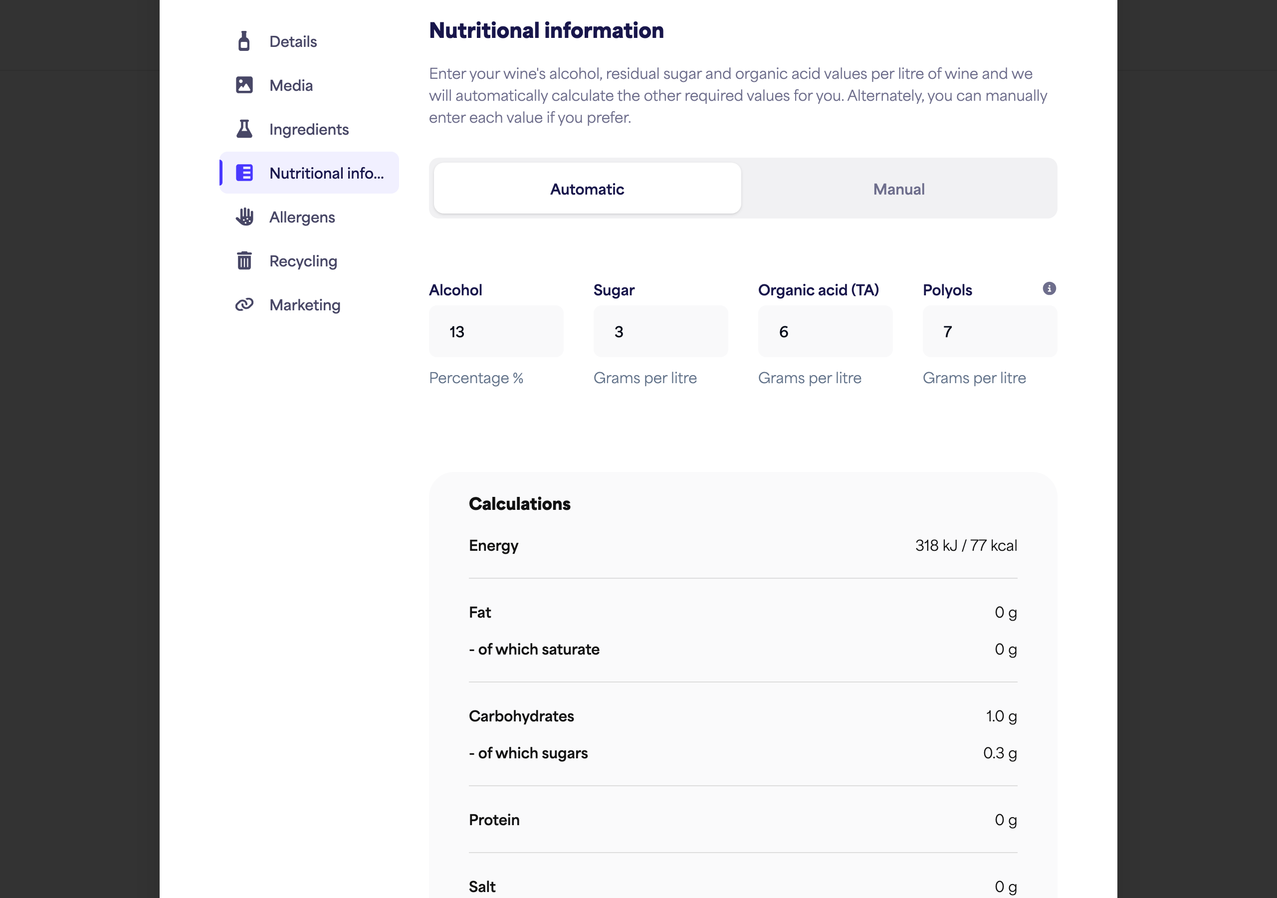 The Nutritional section in automatic mode, showing the alcohol, sugar, organic acid, and polyols fields