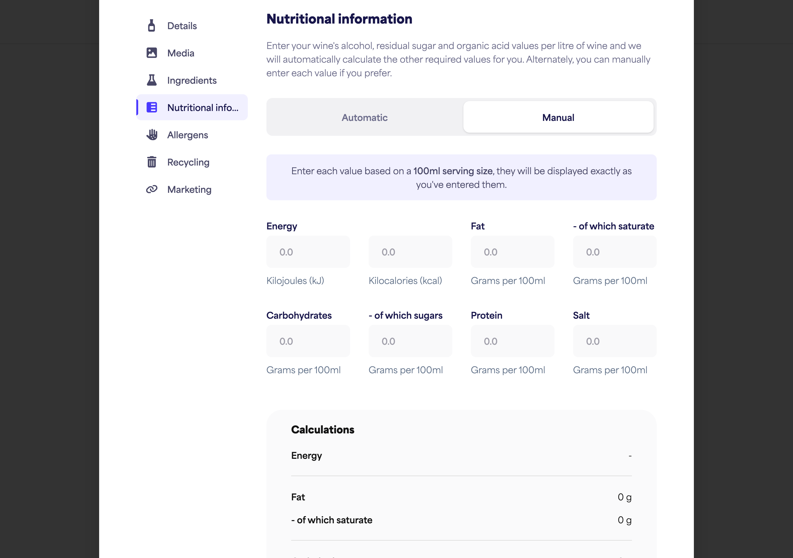 The Nutritional section switched to Manual, showing the full set of fields