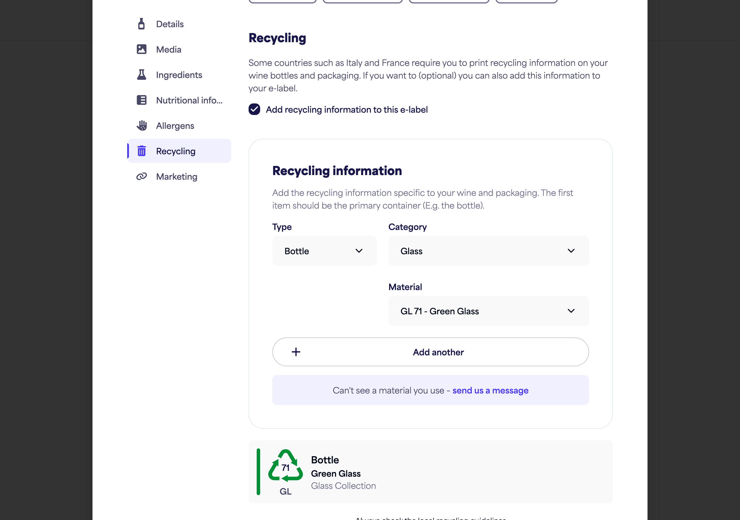 The Recycling section toggle and explanation
