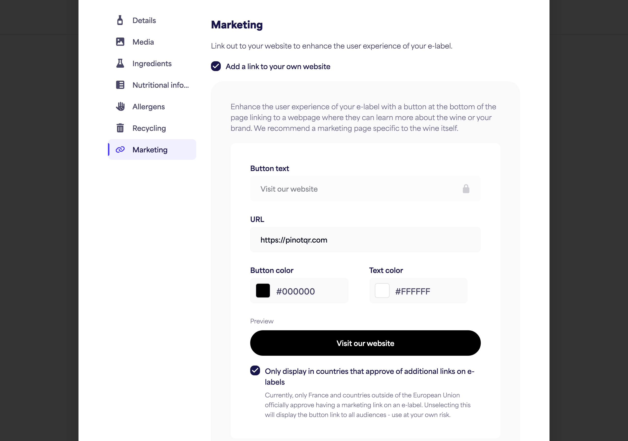 The Marketing section with the toggle, button text, URL, and colour pickers plus the live button preview