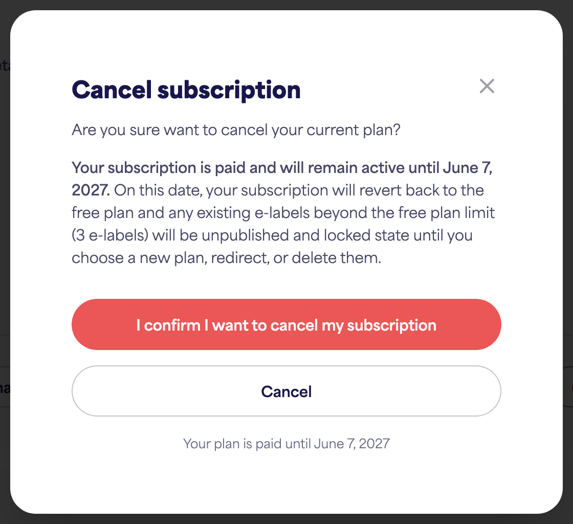 The account Subscription area showing the Cancel subscription option