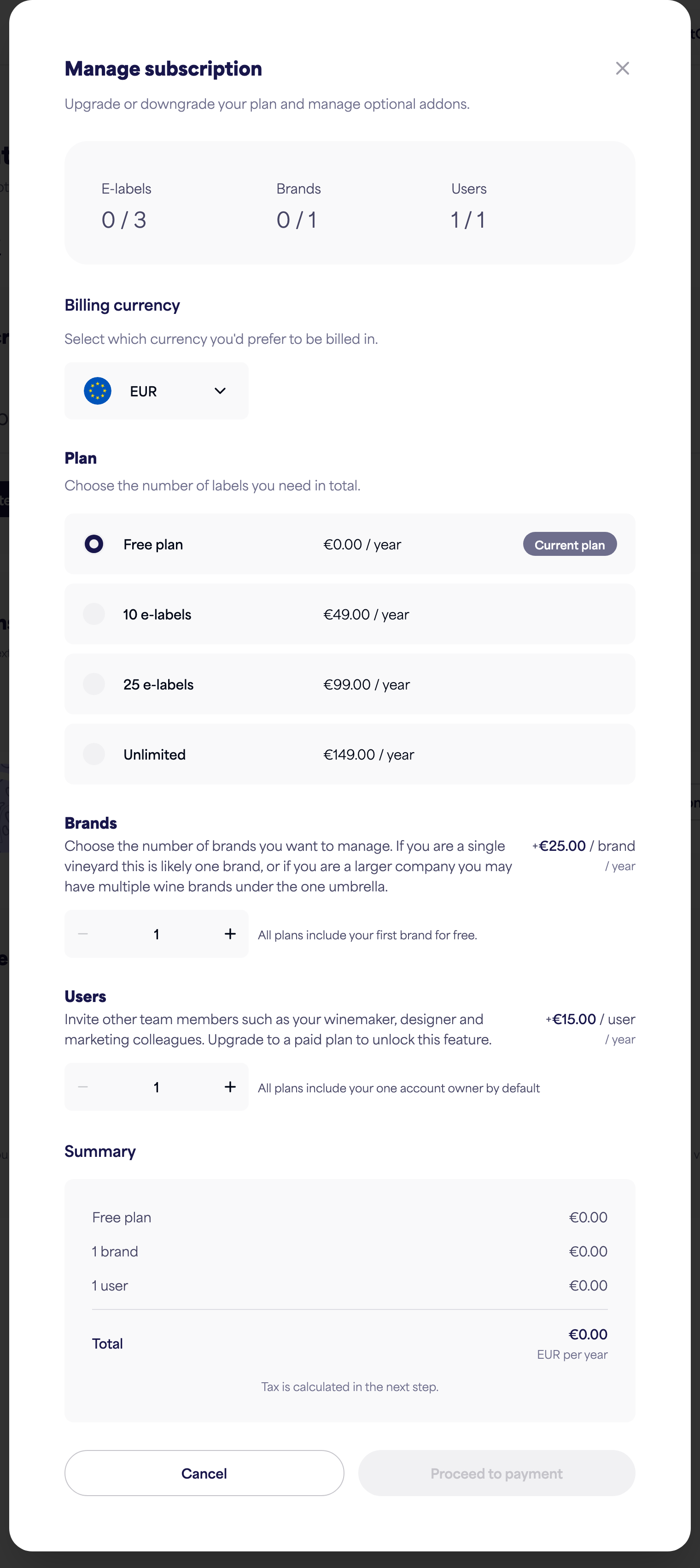 The Manage subscription dialog with plan, brands, and users options
