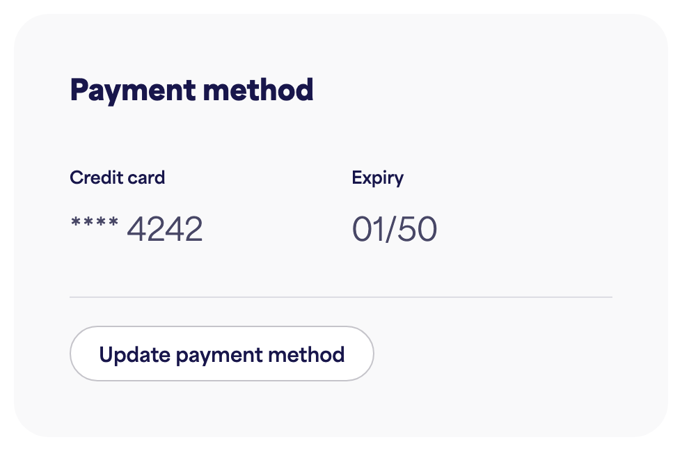 The Payment method card showing the saved card and "Update payment method"