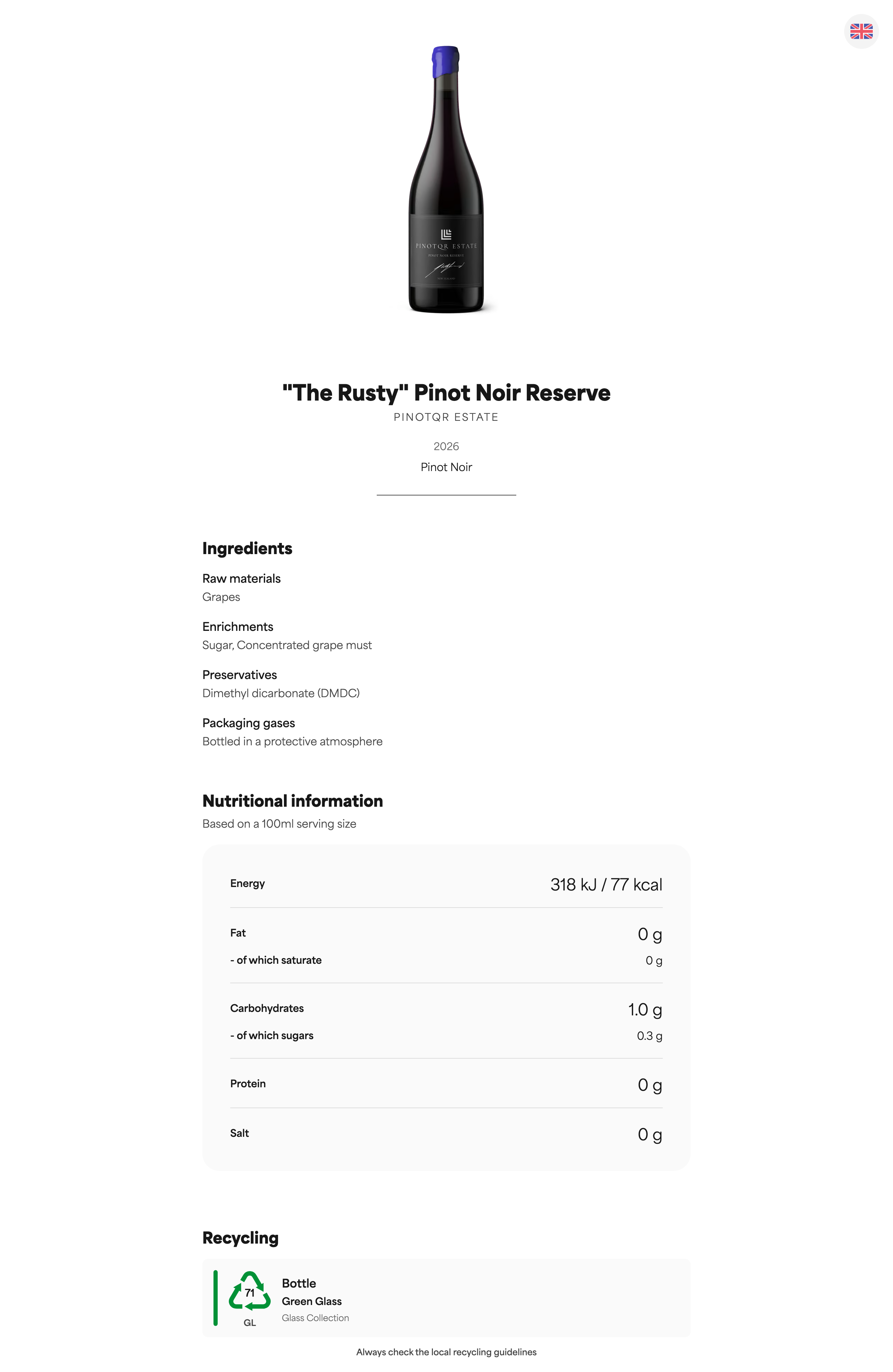 A full e-label page with the main sections (hero/bottle, ingredients, nutrition, allergens, recycling) labelled or highlighted