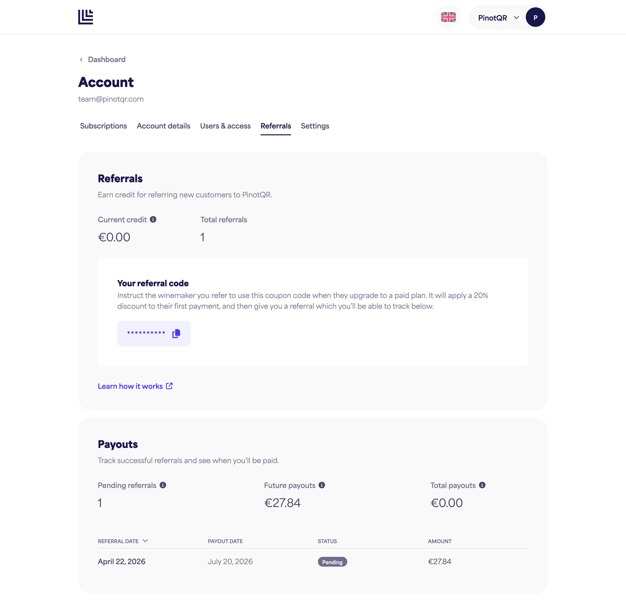 The Referrals page showing the referral code and credit stats