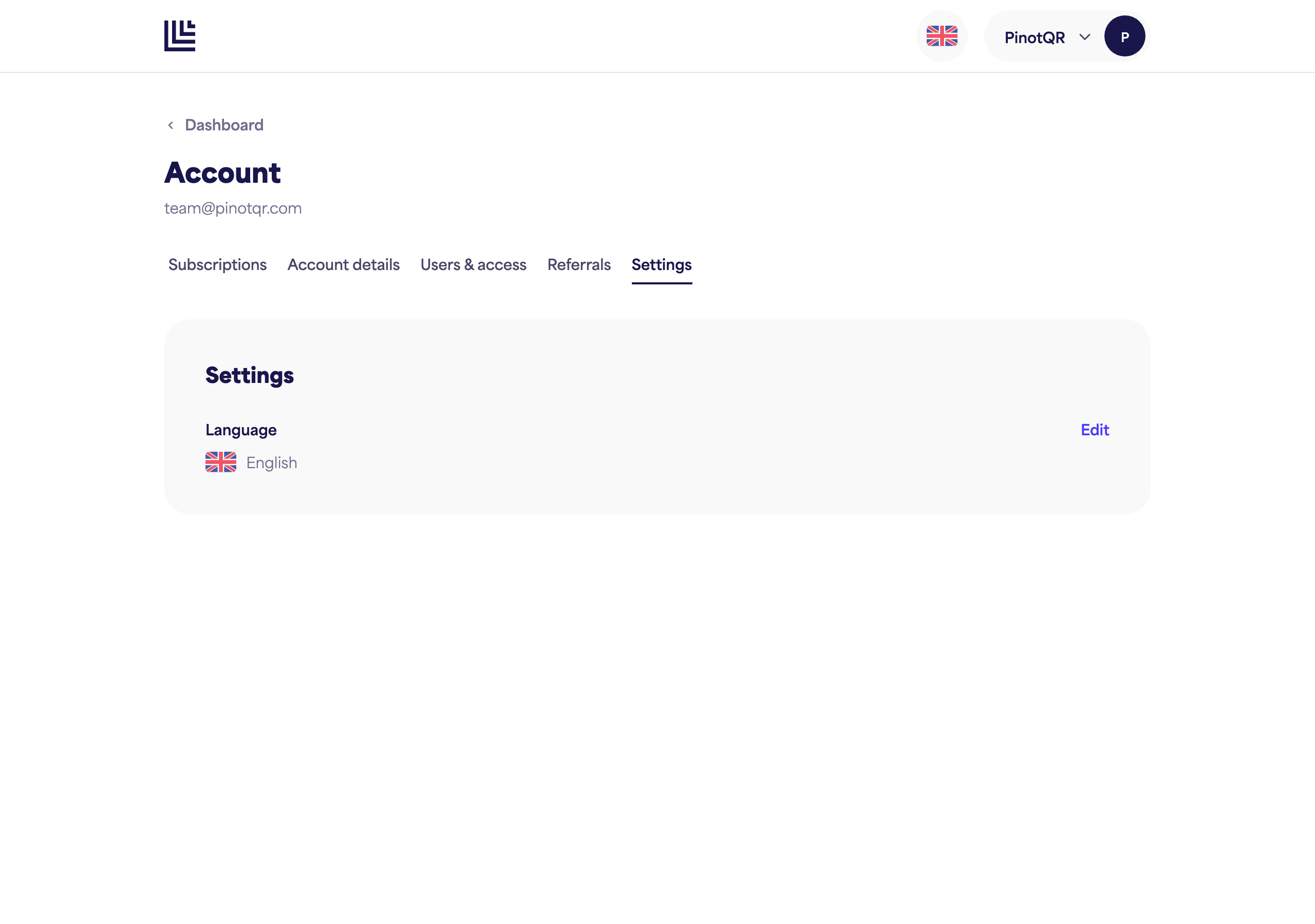 The Settings page with the Language option