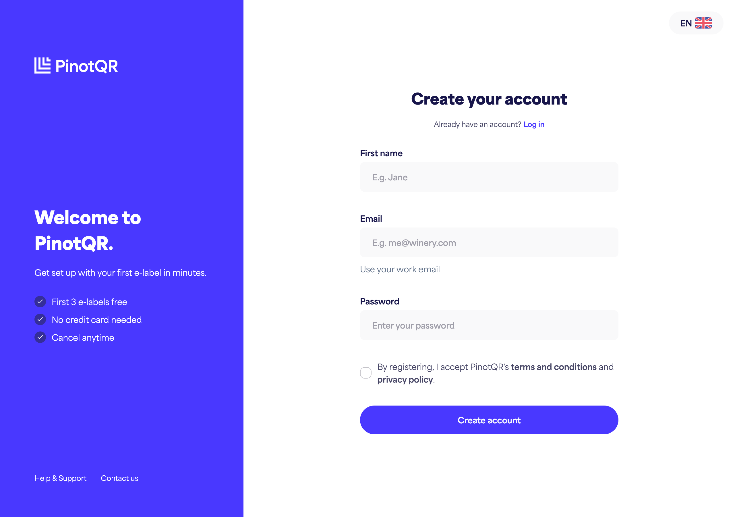 The sign-up form with the First name, Email, Password fields and the "Create account" button